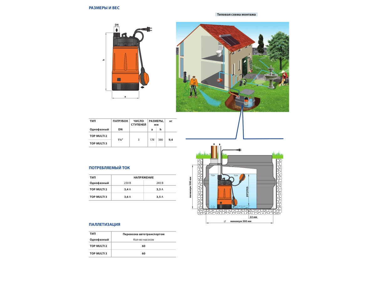 Pompa submersibila Pedrollo TOP MULTI-2 pina la 42 m, 0,55 kW