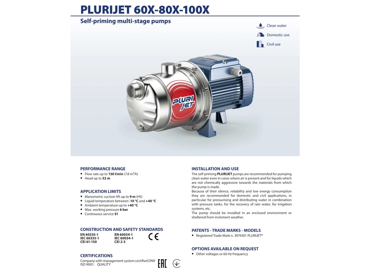 Pompa electrica centrifuga cu mai multe etape Pedrollo PLURIJETm4-100